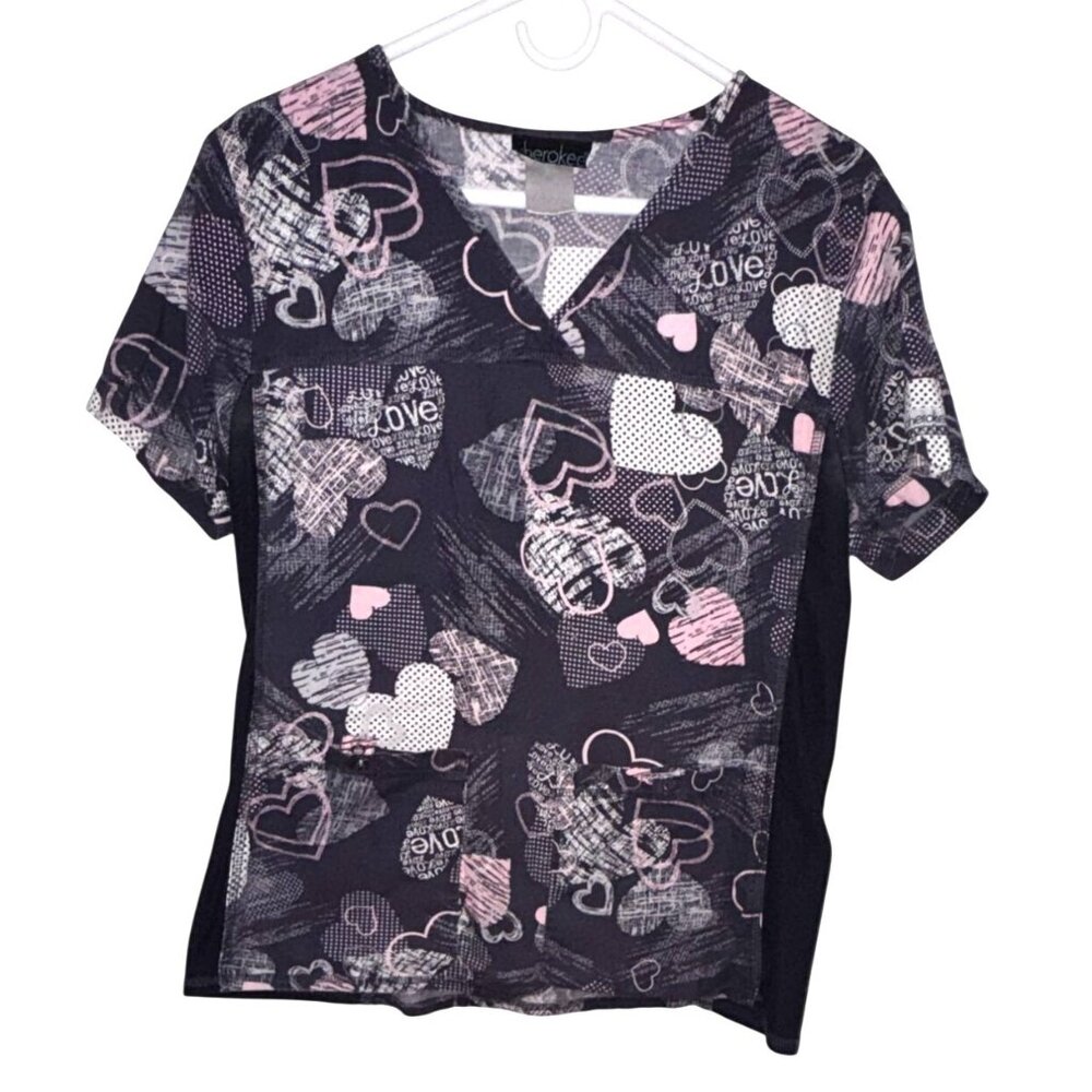 Womens Cherokee Scrub Top Short Sleeve Heart Print Stretch S